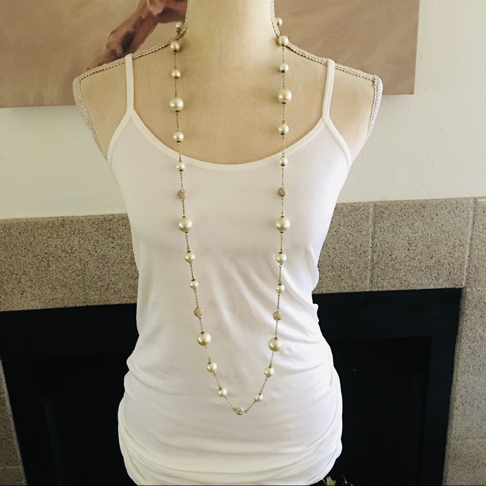 Vintage 90s rhinestone disco ball pearl long necklace